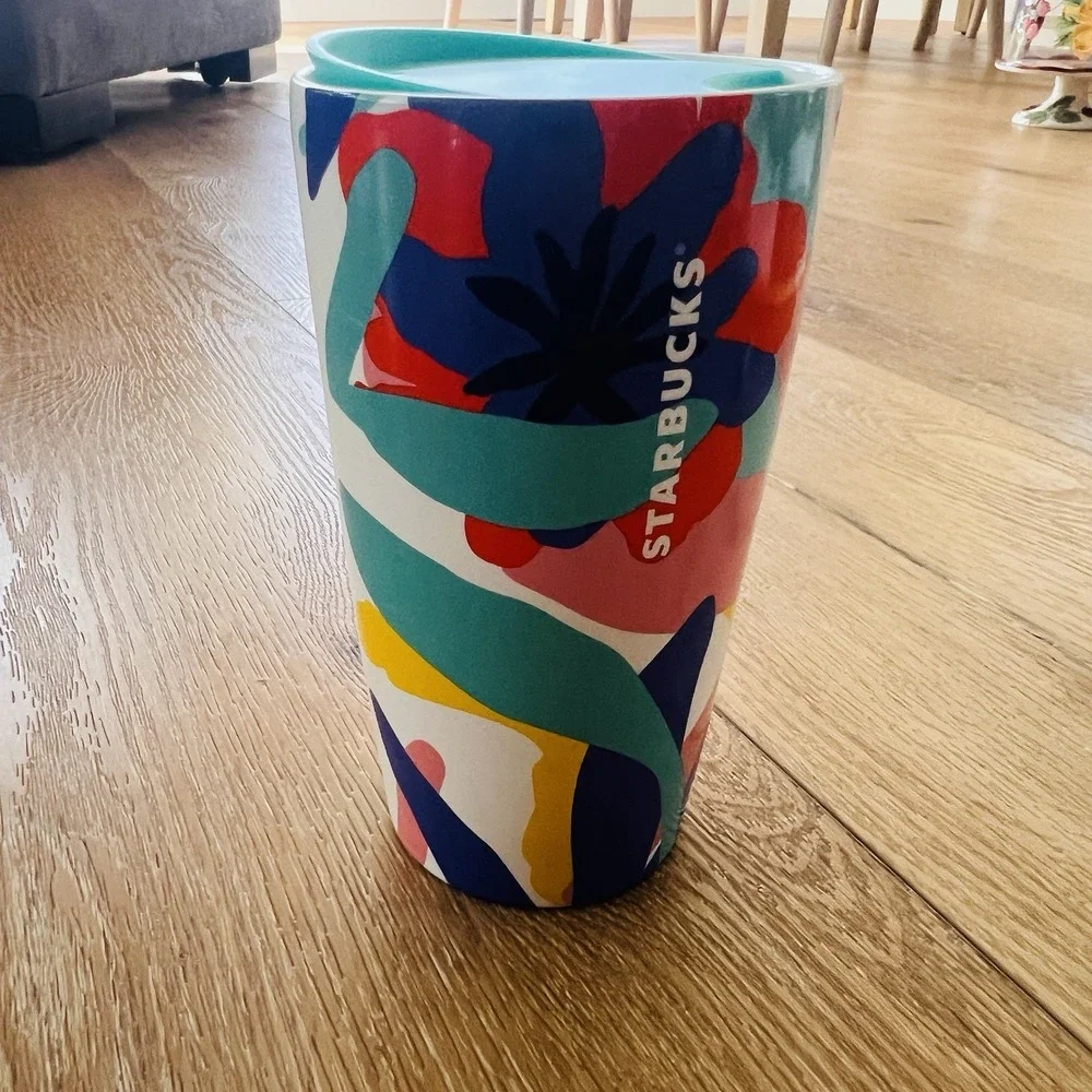Starbucks Travel Tumbler Abstract Floral Art Pink Teal Navy‎ Modern Pop Art NEW